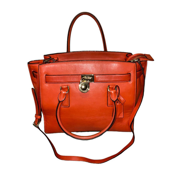 MICHAEL KORS HAMILTON TRAVELER GENUINE LEATHER SATCHEL/ SHOULDER BAG ORANGE - Picture 1 of 15